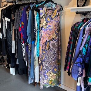 Anthropologie Sleeveless Floral Maxi Dress in Lavender Pink Yellow & Green